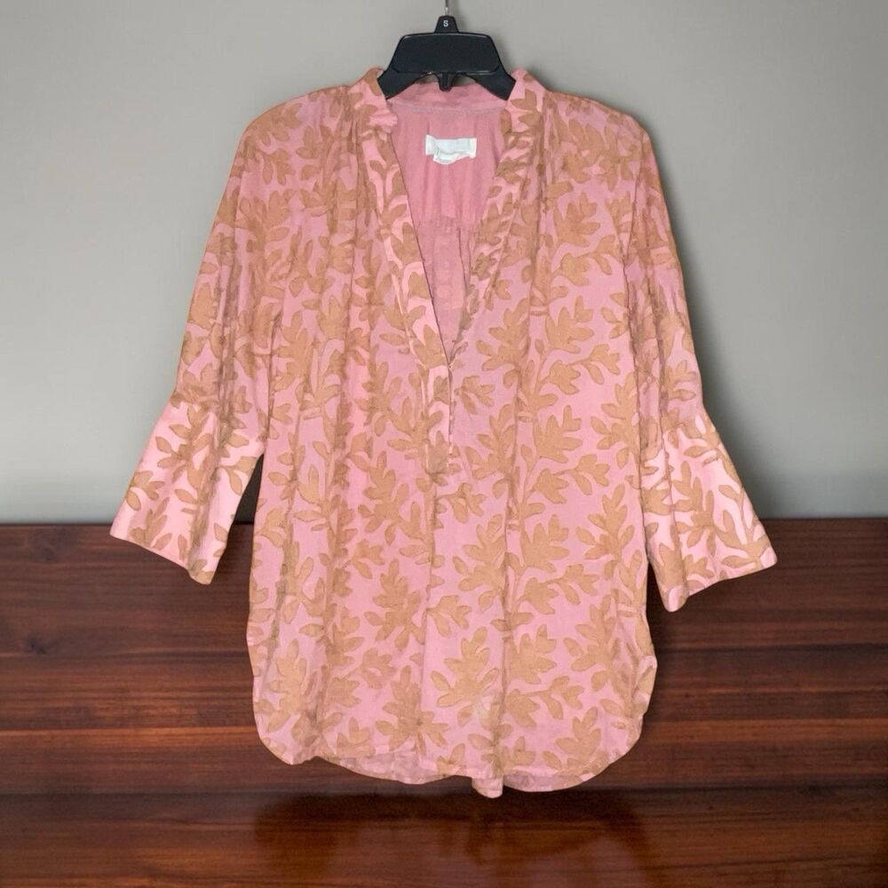 Anthropologie S Mauve Pink Embroidered Leaves Popover Blouse Top